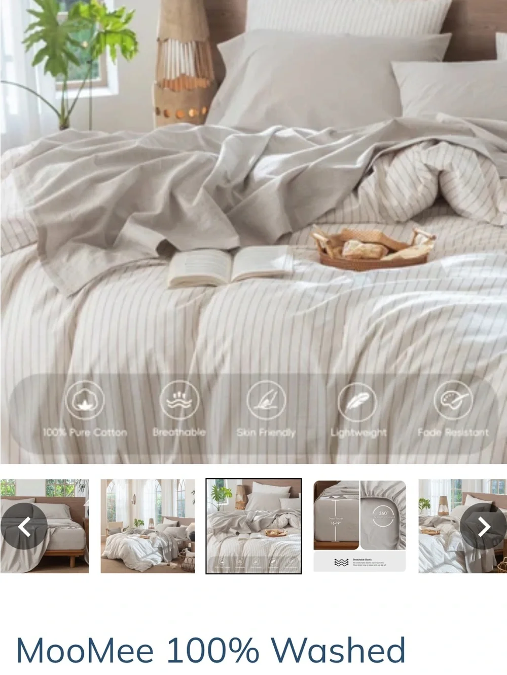 MooMee Queen 100% Washed Cotton Sheet Set Linen Look Taupe Beige